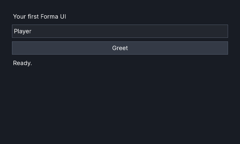 FNA quick start showing the same label, editable Player field, Greet button, and Ready status.